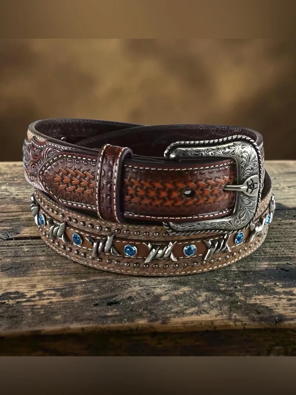 Ariat Tooled Leather Belt Blue Crystal Studded Western Size 38 NWT